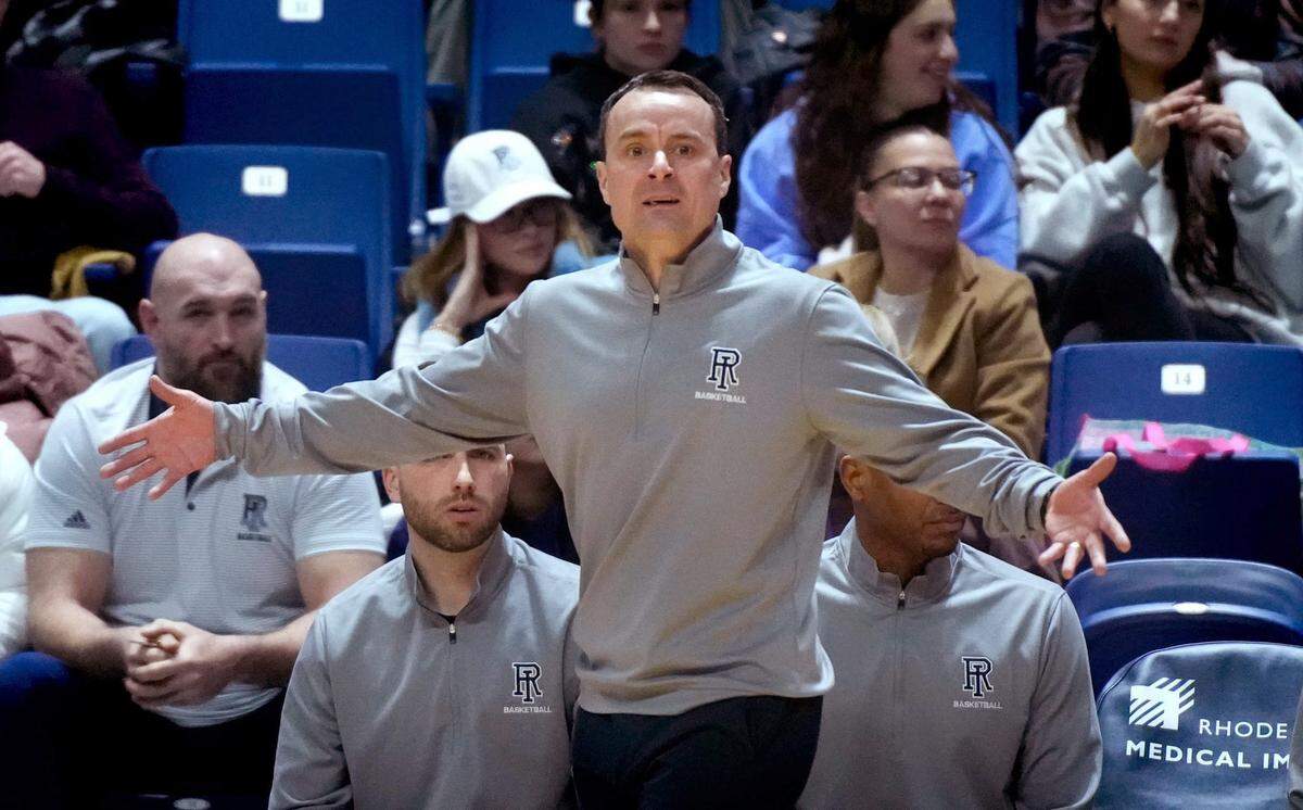 URI Rams coach Archie Miller questions a call during a game in Jan. 2025.