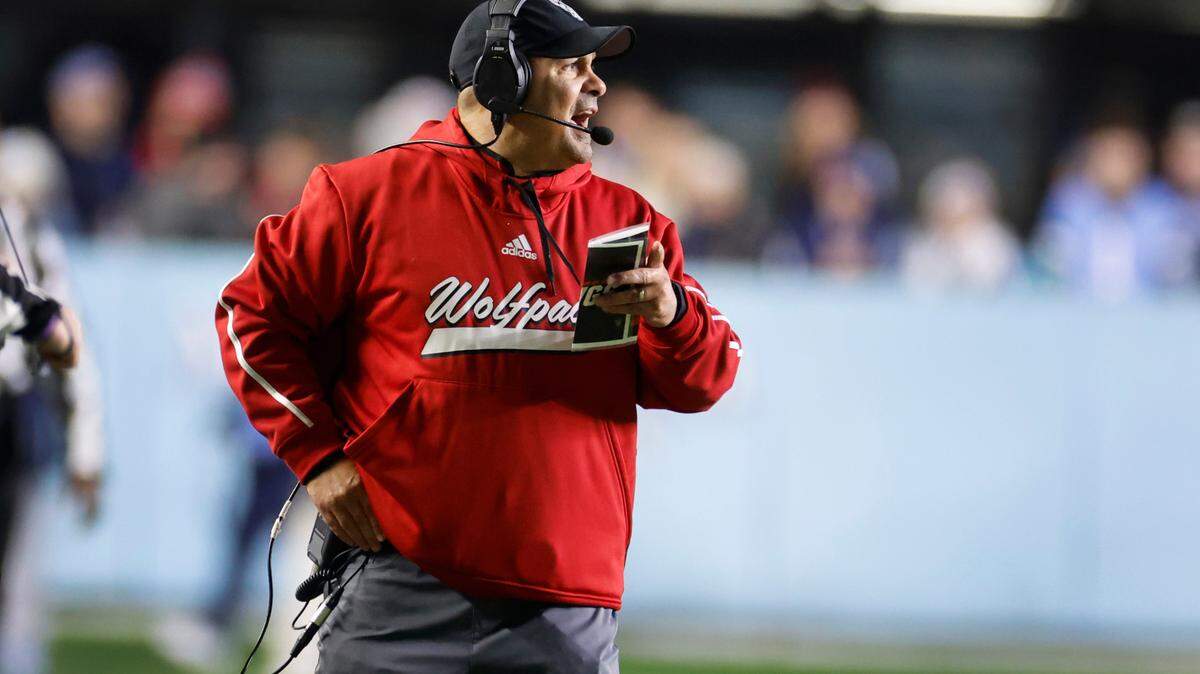 N.C. State defensive coordinator Tony Gibson yells to the officials during the second half of N.C. State’s 35-30 victory over UNC at Kenan Stadium in Chapel Hill, N.C., Saturday, Nov. 30, 2024.