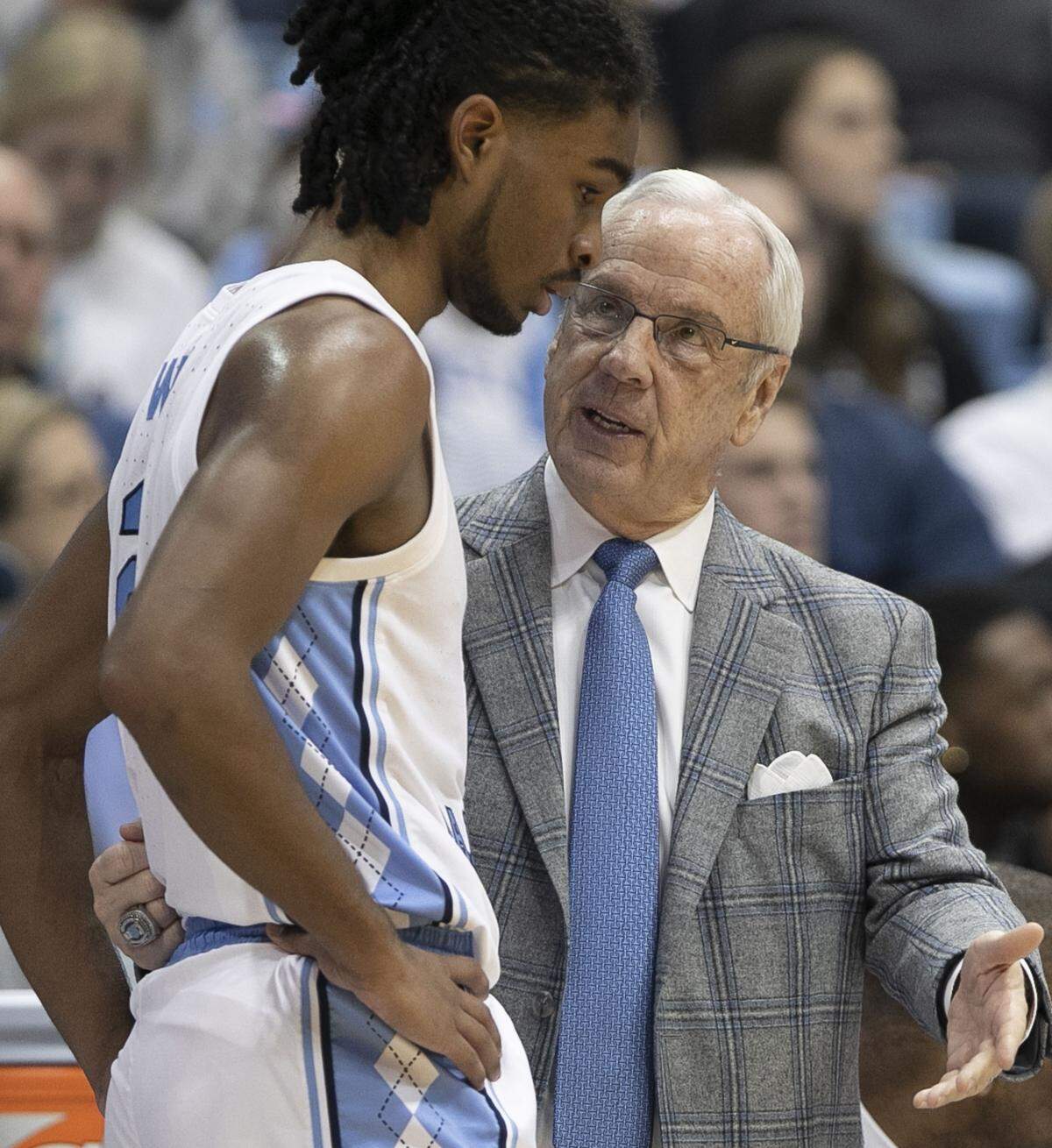 North Carolina coach Roy Williams has a word with Coby White during the second half against Harvard on Wednesday, January 2, 2019 at the Smith Center in Chapel Hill, N.C.