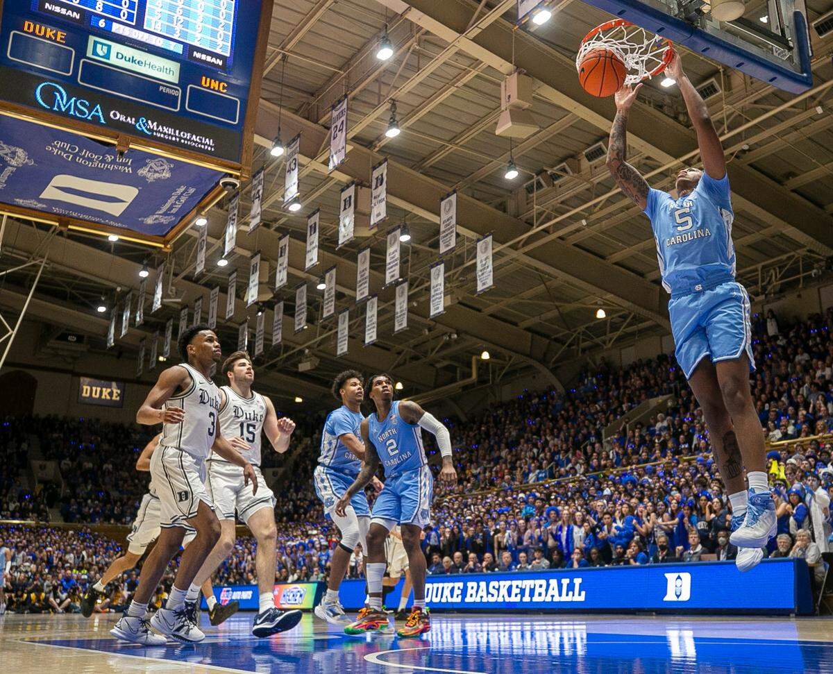 North Carolina’s Armando Bacot (5) gets a dunk in the second half against Duke on Saturday, February 4, 2023 at Cameron Indoor Stadium in Durham, N.C. Bacot lead North Carolina with 14 points.