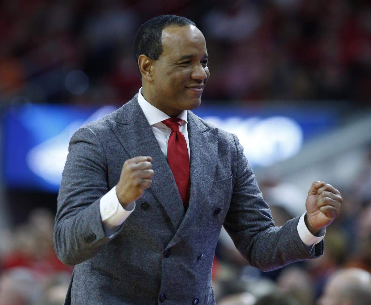 N.C. State head coach Kevin Keatts is happy with the play of his team during the second half of N.C. State’s 73-58 victory over Syracuse at PNC Arena in Raleigh, N.C., Wednesday, Feb. 13, 2019.