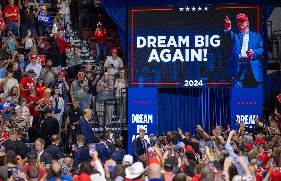 Former President Donald Trump, the Republican presidential nominee, leaves the stage following his remarks on Wednesday, October 30, 2024 at the Rocky Mount Event Center in Rocky Mount, N.C.