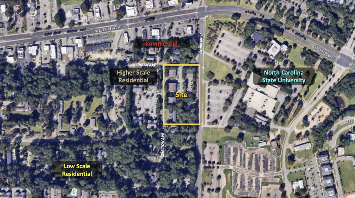 Aerial photo of 11 parcel assemblage, which is slated to be upzoned from three to seven stories.