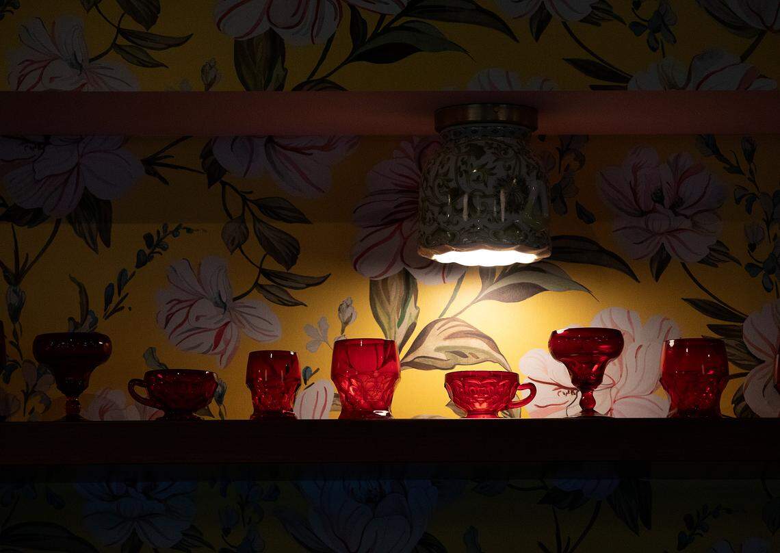 Colorful glasses sit on a shelf inside Jaguar Bolera on Tuesday, May 14, 2024, in Raleigh, N.C.