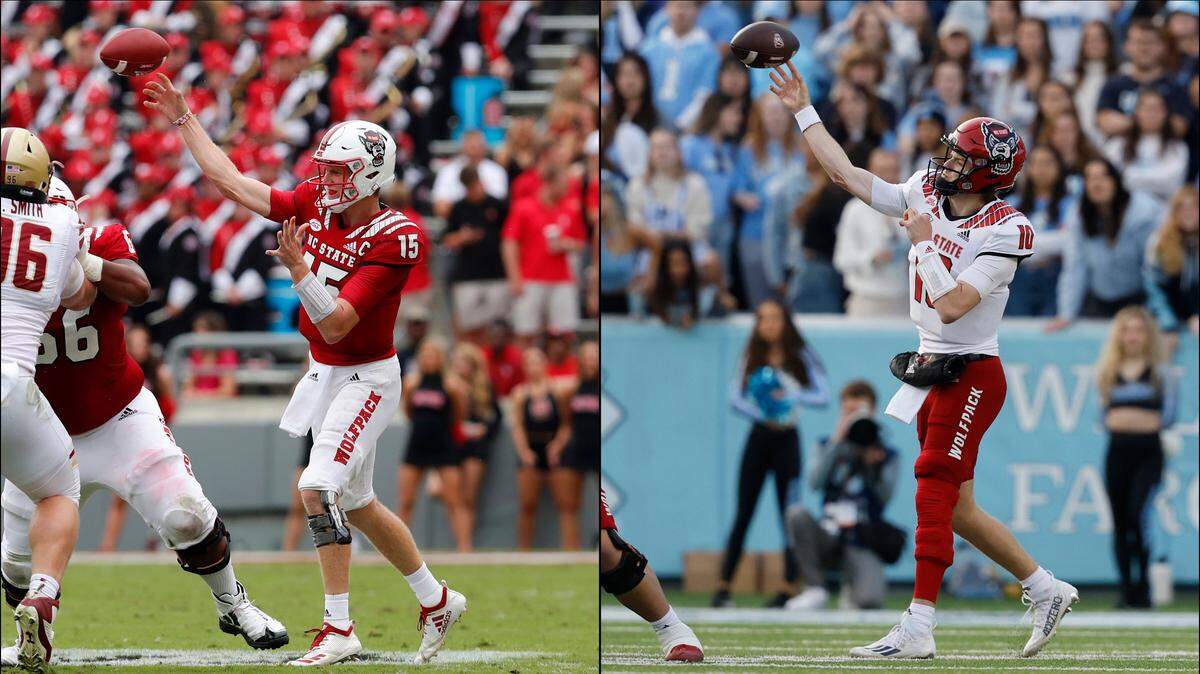 N.C. State quarterback Ryan Finley, left, passes during the Wolfpack’s game against Boston College in October, 2018. Finley’s brother, Ben Finley (10) passes during the Wolfpack’s game against North Carolina in November, 2022.