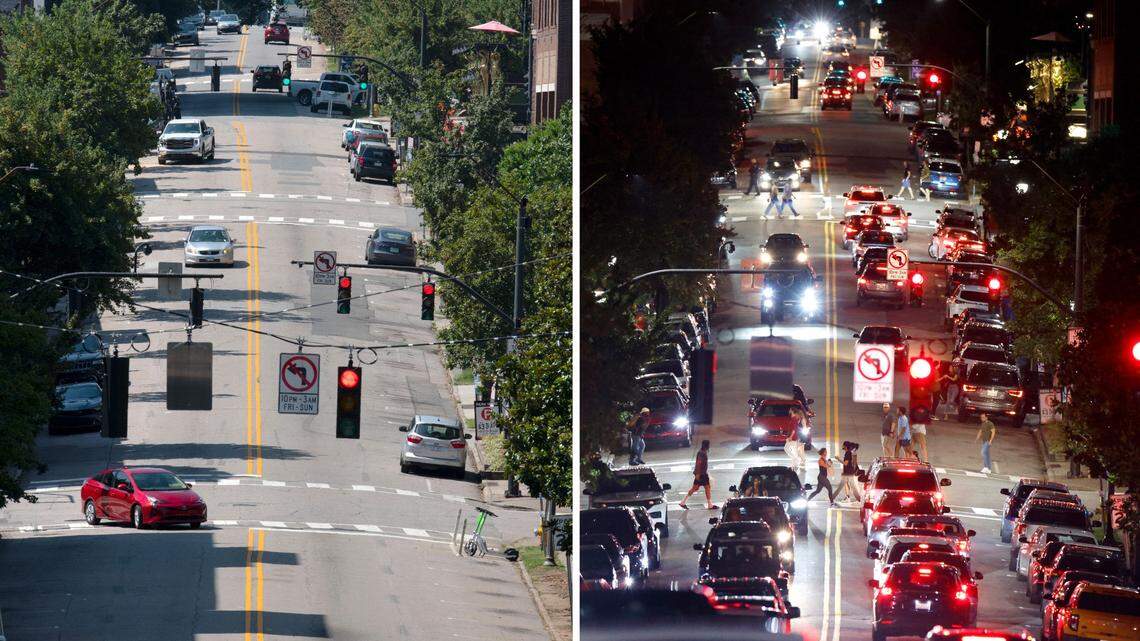 The Glenwood South district goes from a quiet area of shops and restaurant by day to an often rowdy entertain zone most Friday and Saturday nights. The photo at left was made about 10:47 am, Friday, July 21, 2023 and the photo at right was taken at 11:10 that night.