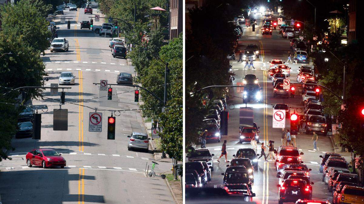 The Glenwood South district goes from a quiet area of shops and restaurant by day to an often rowdy entertain zone most Friday and Saturday nights. The photo at left was made about 10:47 am, Friday, July 21, 2023 and the photo at right was taken at 11:10 that night.