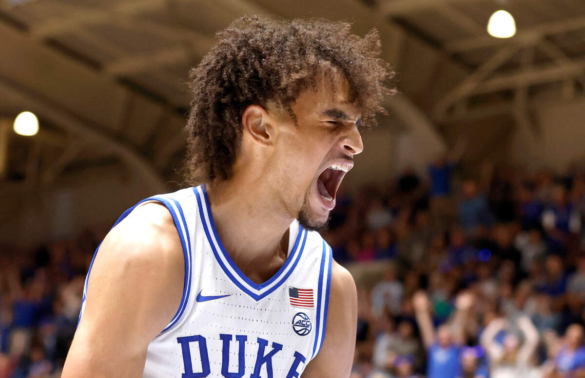 Duke’s Dereck Lively II (1) reacts after slamming in two during the first half of Duke’s game against USC Upstate at Cameron Indoor Stadium in Durham, N.C., Friday, Nov. 11, 2022.