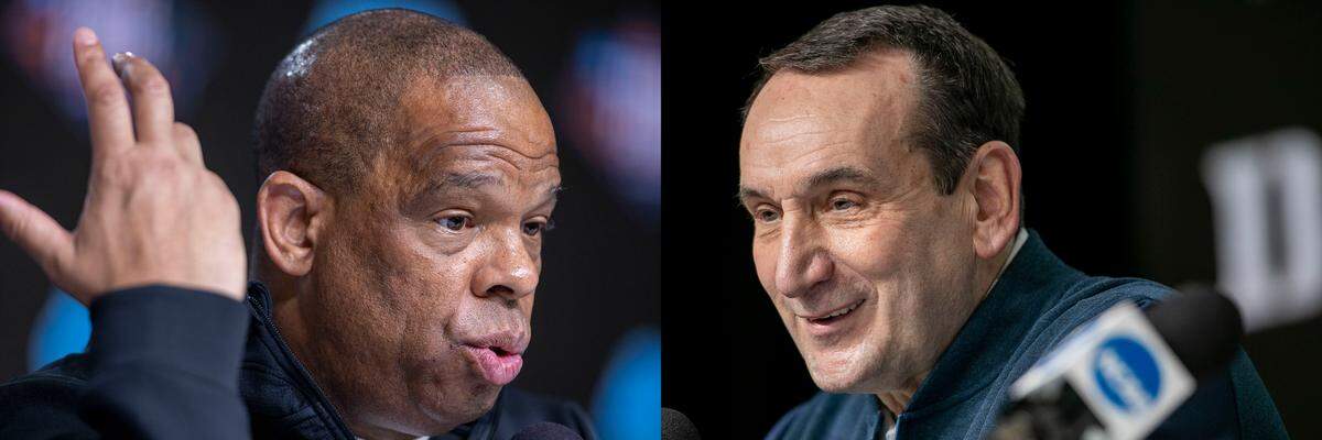 UNC coach Hubert Davis (left) and Duke coach Mike Krzyzewski talk with reporters in separate press conferences at the NCAA Final Four, Thursday, March 31, 2022. The Tar Heels and Blue Devils will face each other in an epic clash of basketball titans Saturday night.