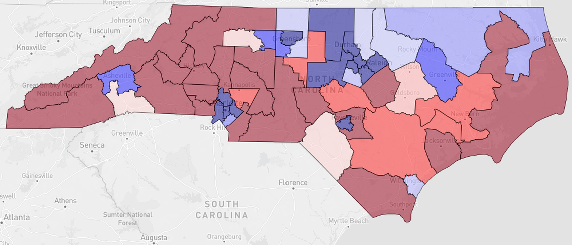 A map showing the hypothetical partisan lean of the 50 NC Senate seats in a map proposed by the NCLCV in the 2022 gerrymandering lawsuit, based on data from the website Dave’s Redistricting App.