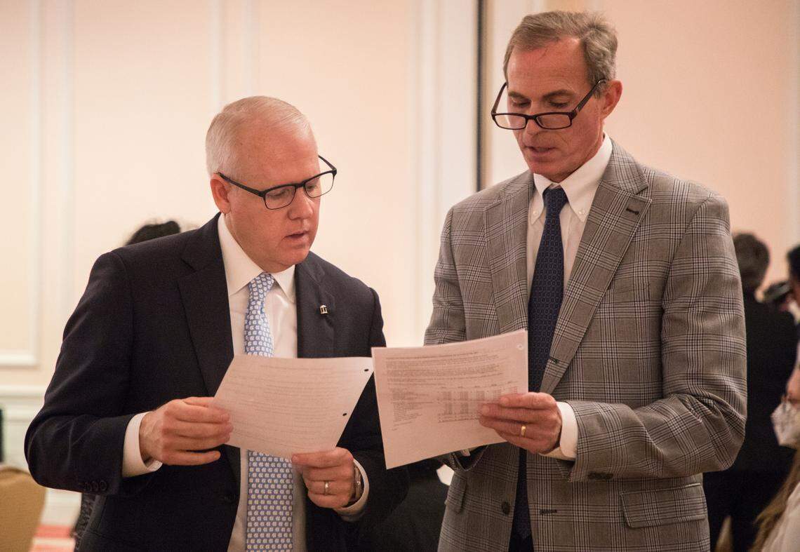 Newly elected UNC Board of Trustees Vice Chair John Preyer, right, speaks with re-elected assistant secretary of the board, Clayton Somers, left, at the board’s meeting at The Carolina Inn in Chapel Hill, N.C. on Wednesday, July 14, 2021.