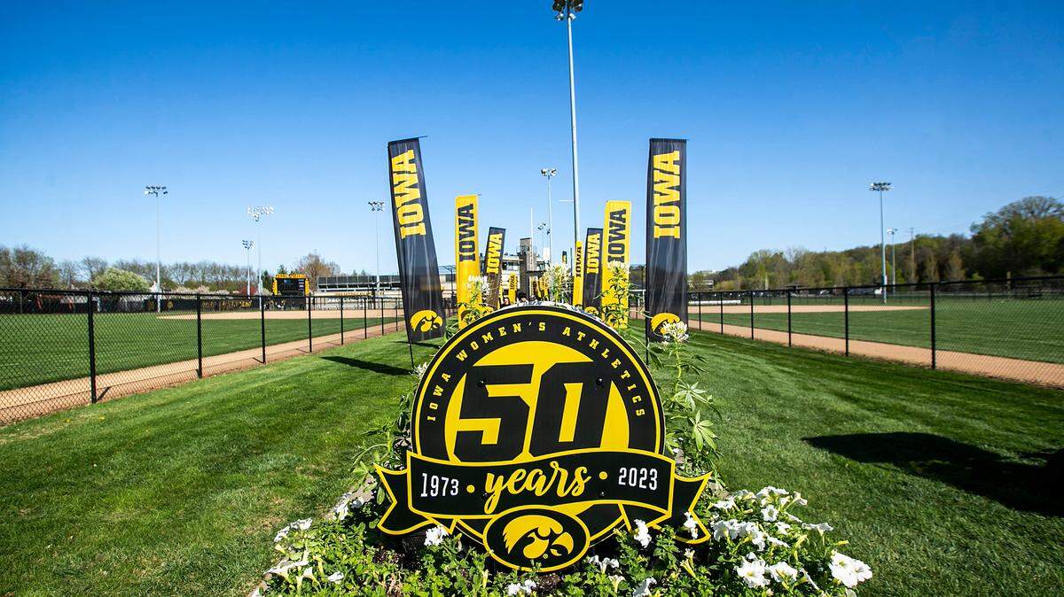 A planter commemorating 50 years of Title IX is seen before a NCAA softball game between Iowa and Northern Iowa, Wednesday, May 3, 2023, at Bob Pearl Field in Iowa City, Iowa.

230503 Uni Iowa S 005 Jpg