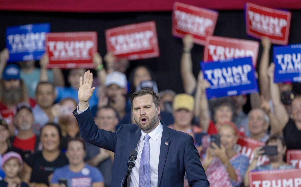 Republican Vice Presidential candidate Senator J.D. Vance thanks his supporters at the conclusion of his remarks during a campaign stop at Union Station on Wednesday, September 18, 2024 in Raleigh, N.C.