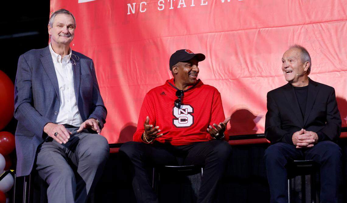 From left, former N.C. State stars Tommy Burleson, David Thompson and Monte Towe participate in a panel with former Maryland players talking about the 1974 ACC championship game between the Wolfpack and the Terrapins. The former players spoke in Greensboro, N.C., Friday, March 10, 2023.