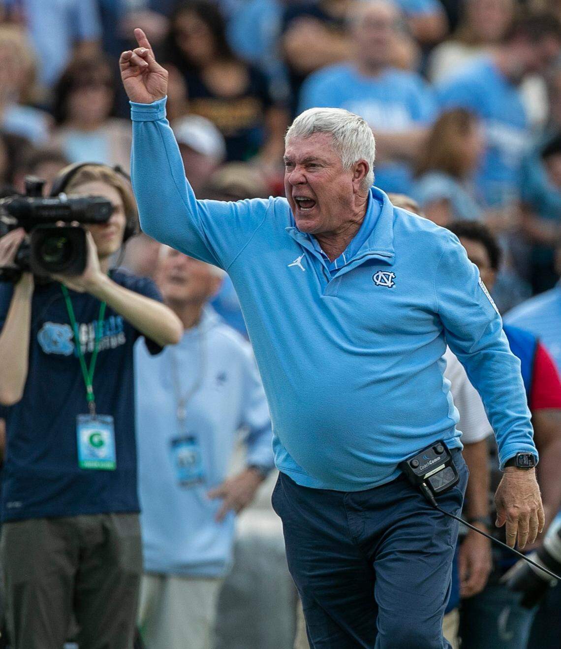 North Carolina coach Mack Brown reacts to a pass interference call against Cedric Gray (33) in the third quarter against Notre Dame on Saturday, September 24, 2022 at Kenan Stadium in Chapel Hill, N.C.