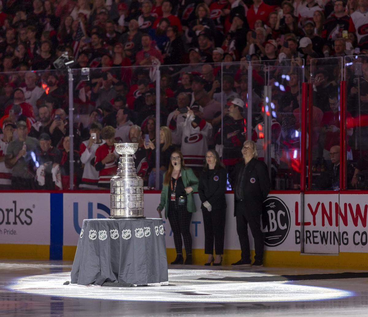 The Stanley Cup is at center ice in the Lenovo Center during the National Anthem, prior to Game 1 of the Stanley Cup Finals between the Carolina Hurricanes and the Las Vegas Knights, on Tuesday, June 2, 2026 in Raleigh, N.C.