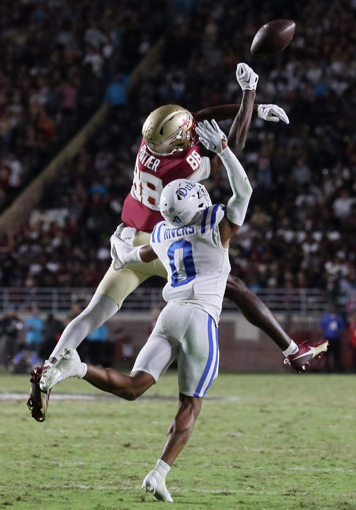 Duke’s Chandler Rivers defends against a pass intended for Florida State’s Kentron Poitier during the second half of the Blue Devils’ 38-20 loss on Saturday, Oct. 21, 2023, in Tallahassee, Fla.