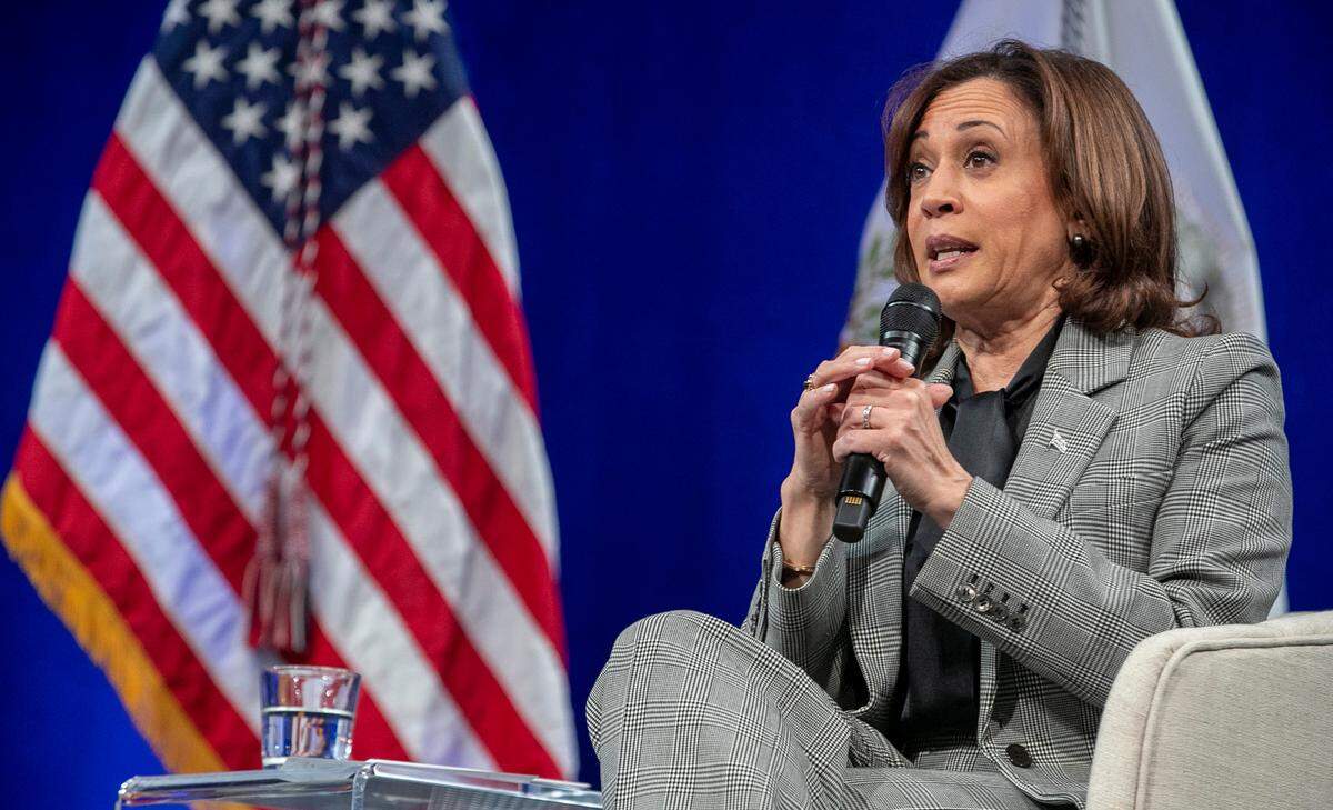 Vice President Kamala Harris speaks during a discussion on community development and small business in the Fletcher Theatre at the Duke Energy Performing Arts Center on Monday, January 30, 2023 in Raleigh, N.C.