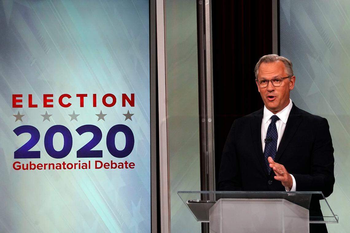 North Carolina Lt. Gov. Dan Forest makes a comment during a live televised debate with Gov. Roy Cooper and at UNC-TV studios in Research Triangle Park, N.C., Wednesday, Oct. 14, 2020.