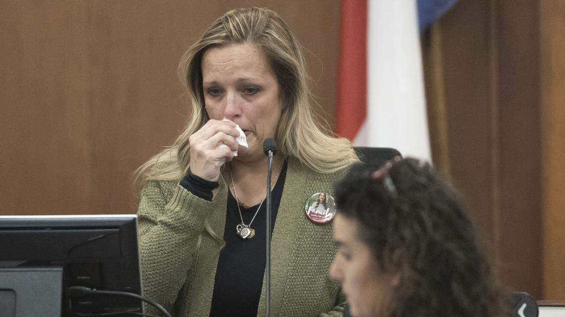 Elizabeth Cannada, the mother of 14-year-old Lyric Woods, testifies in the trial of Issiah Ross on Wednesday, Jan. 14, 2026, in Hillsborough, N.C.  Ross is accused of killing Woods and Devin Clark in 2022 near Efland. 