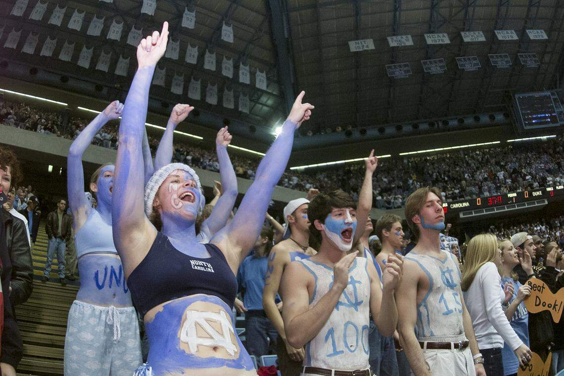 UNC fans in the Smith Center cheer as the Tar Heels face Duke Feb. 3, 2000.