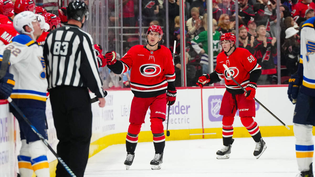Carolina Hurricanes center Martin Necas (88) celebrates his goal against the St. Louis Blues during the second period at Lenovo Center.