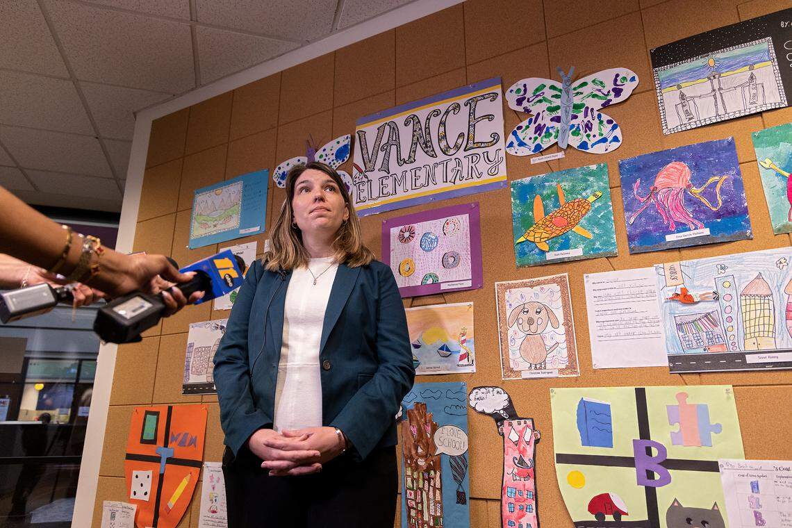 Lindsay Mahaffey, chairwoman of the Wake County school board, speaks after board members voted in favor of Dr. Robert P. Taylor to be Wake County’s new superintendent on Tuesday, July 18, 2023, in Cary, N.C.