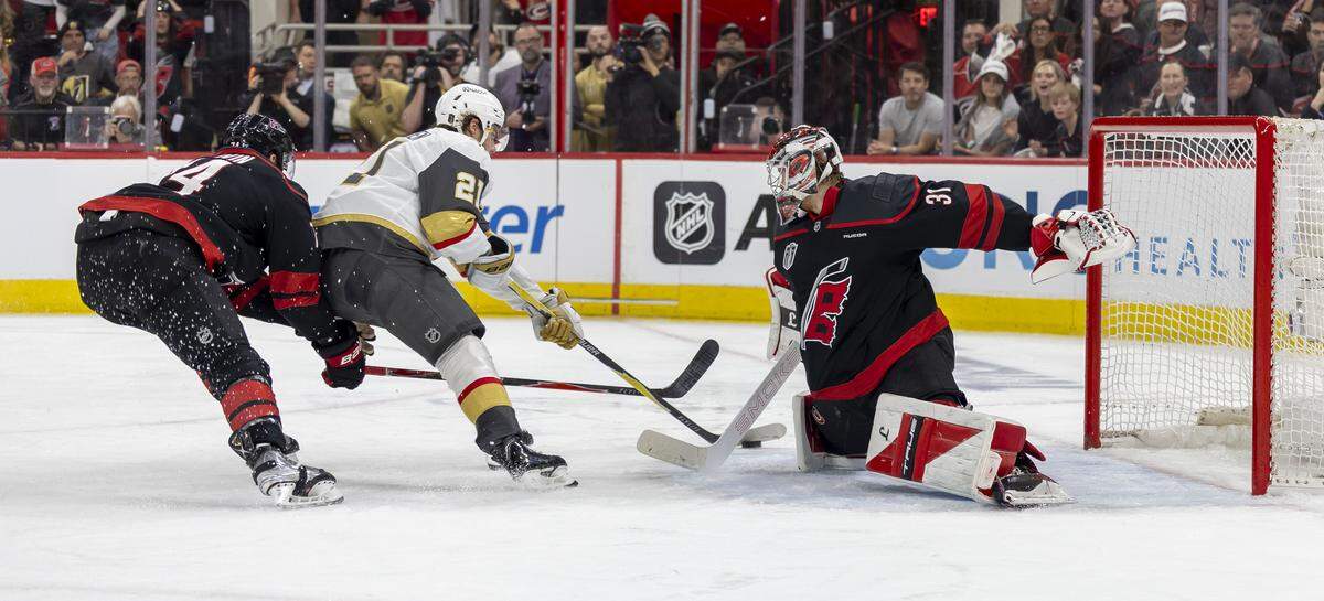 Vegas center Brett Howden (21) scores on Carolina Hurricanes goalie Frederik Andersen (31) to take a 2-0 lead in the second period in Game 2 of the Stanley Cup Final, on Thursday, June 4, 2026 at Lenovo Center in Raleigh, N.C. 