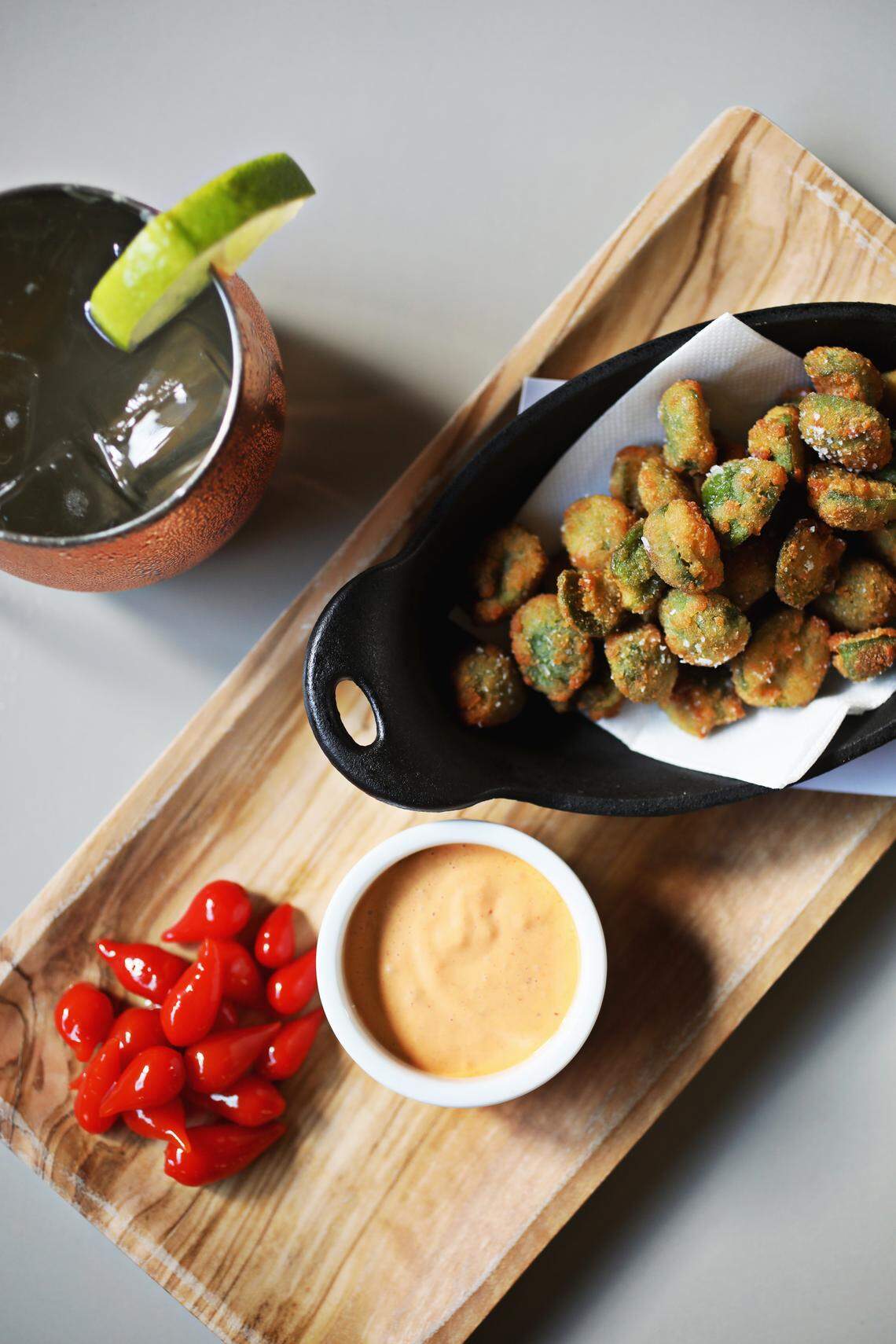 The fried Castelvetrano olives served with rouille and red teardrop peppers are an addictive companion to any of the Hawthorne & Wood bar’s outstanding cocktails (Moscow Mule pictured here) or a glass of wine from a small but intelligently chosen list.
