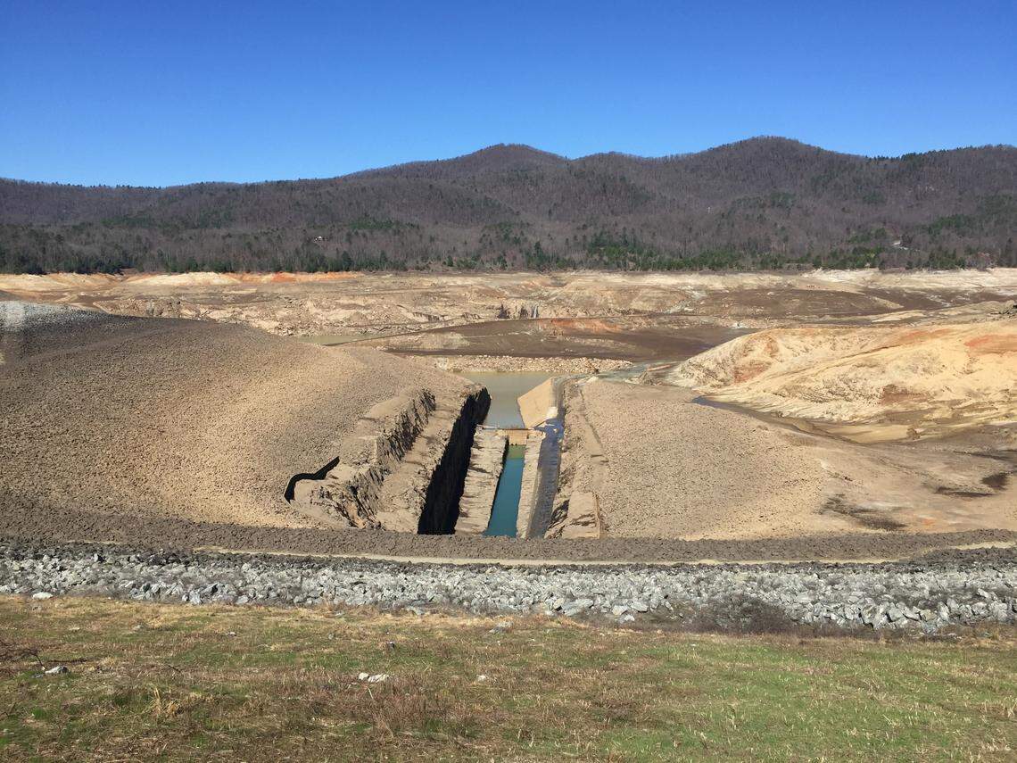 This photo from 2017 shows the upper reservoir at Duke Energy’s Bad Creek pumped storage facility when it is drained. When the reservoir is full, Duke pushes water into and out of the facility to store and generate electricity.