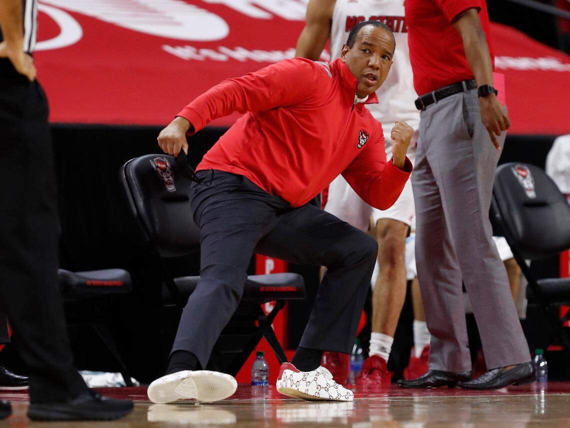 N.C. State head coach Kevin Keatts motions to the officials during the first half of N.C. State’s game against UNC at PNC Arena in Raleigh, N.C., Tuesday, December 22, 2020.