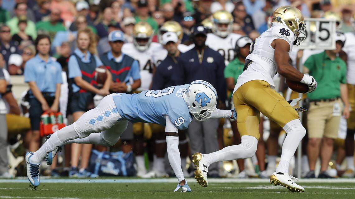 North Carolina cornerback K.J. Sails (9) tries to tackle Notre Dame wide receiver Equanimeous St. Brown (6) during the first half of UNC’s game against Notre Dame at Kenan Stadium on Oct. 7, 2017.