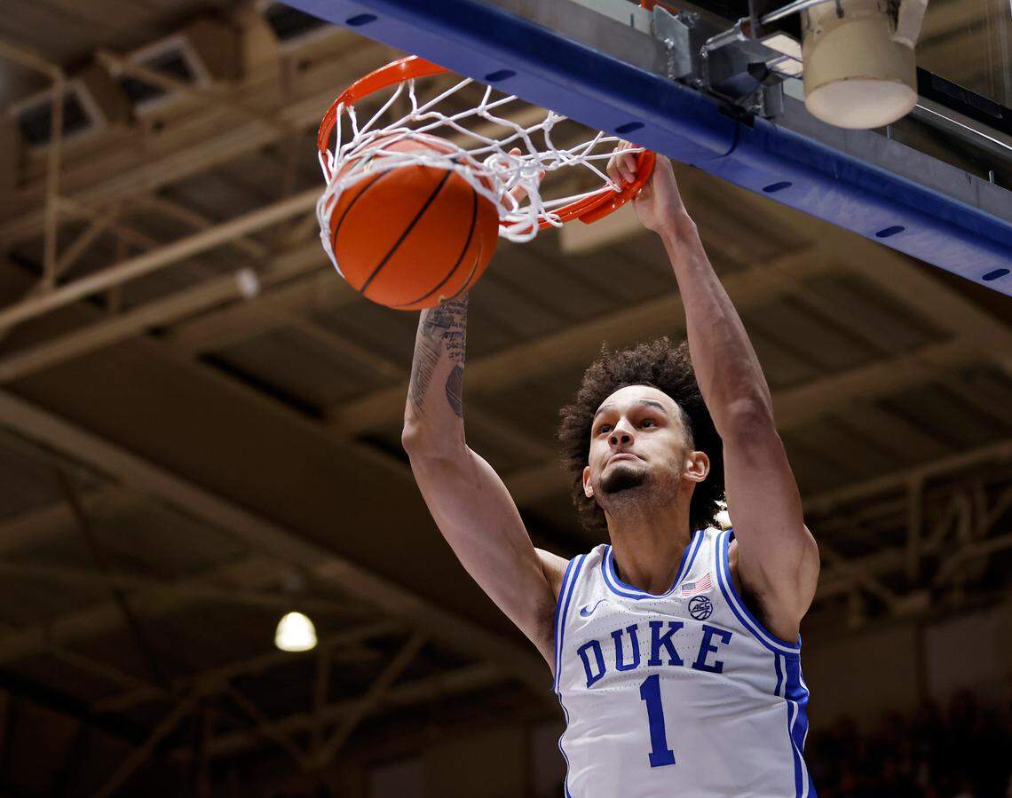 Duke’s Dereck Lively II slams in two during the first half of the Blue Devils’ game against Virginia Tech on Saturday, Feb. 25, 2023, at Cameron Indoor Stadium in Durham, N.C.