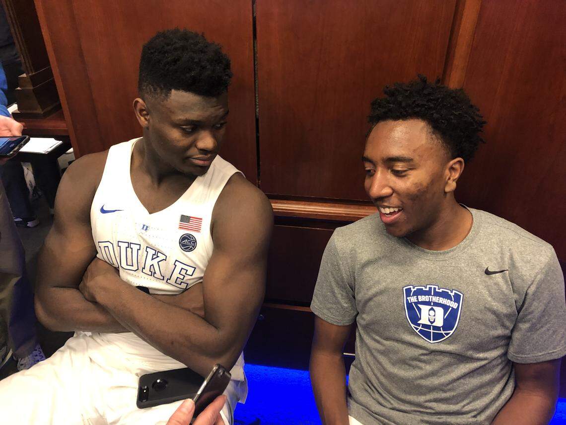 Zion Williamson, left, listens as Duke teammate Mike Buckmire offers an opinion after Duke’s win over Georgia Tech on Saturday, Jan. 26, 2019. Early in the season, Williamson invited the sophomore walk-on to sit next to him during postgame media interviews.