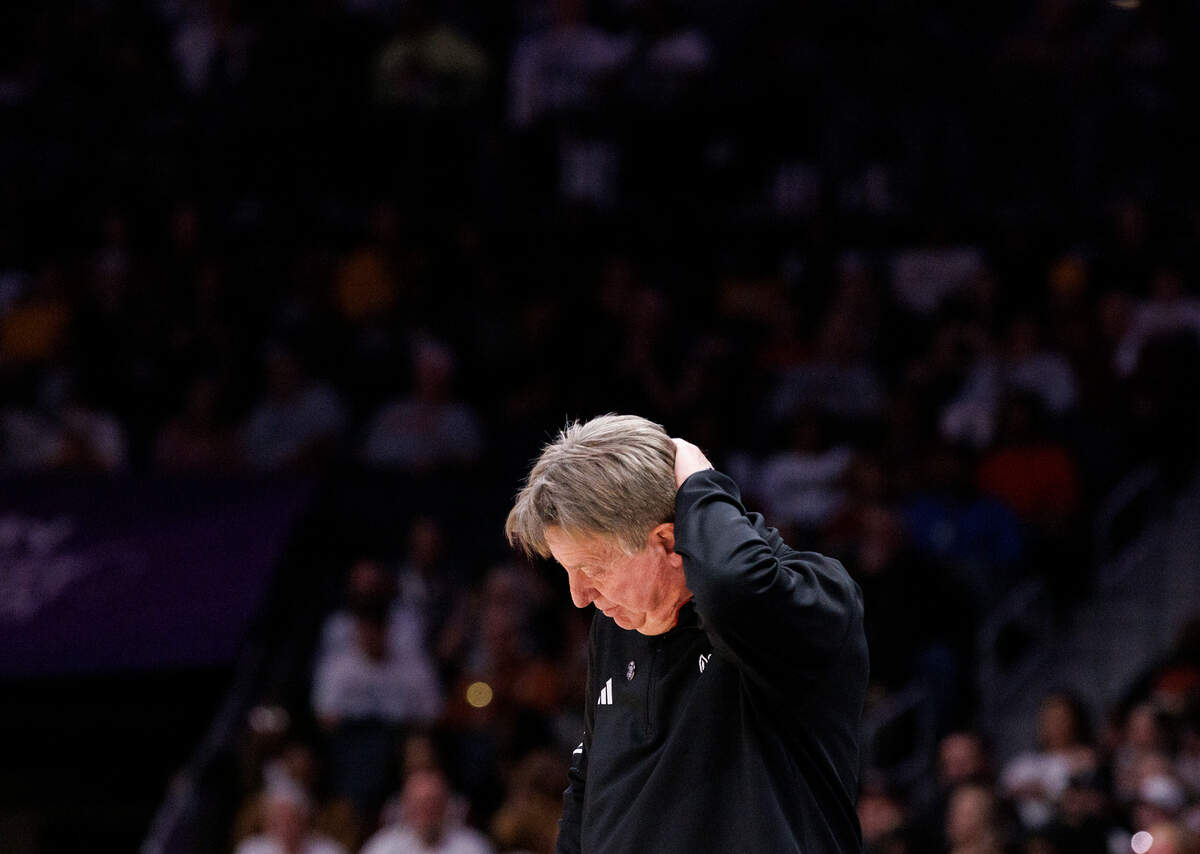 N.C. State head coach Wes Moore reacts during the second half of the Wolfpack’s 71-57 loss to top-ranked South Carolina on Sunday, Nov. 10, 2024, at Spectrum Center in Charlotte, N.C.