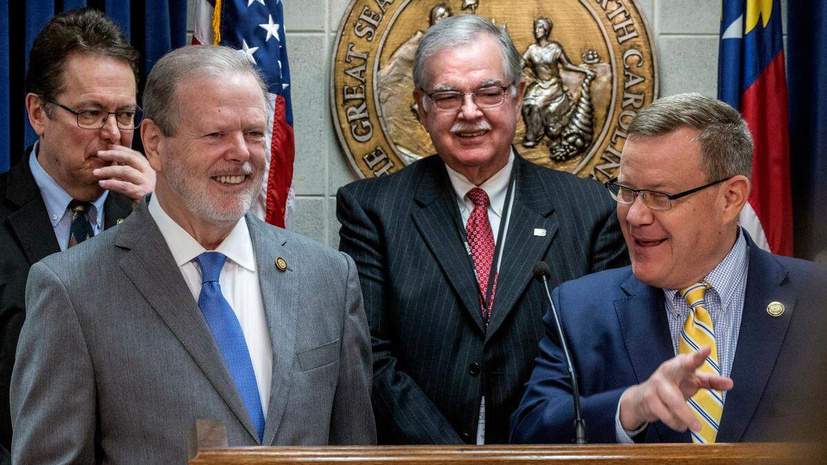 After years of debate, House Speaker Tim Moore and Senate leader Phil Berger announce an agreement to pass Medicaid expansion during a joint news conference at the Legislative Building on Thursday, March 2, 2023.