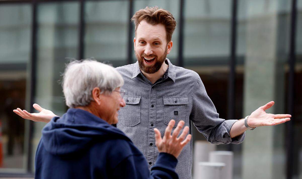 The Daily Show’s Jordan Klepper interviews Mike Pitruzzello of Durham before a rally for Republican presidential candidate Nikki Haley at Union Station in Raleigh, N.C., Saturday, March 2, 2024.