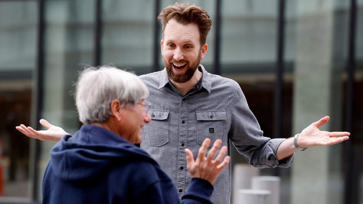 The Daily Show’s Jordan Klepper interviews Mike Pitruzzello of Durham before a rally for Republican presidential candidate Nikki Haley at Union Station in Raleigh, N.C., Saturday, March 2, 2024.