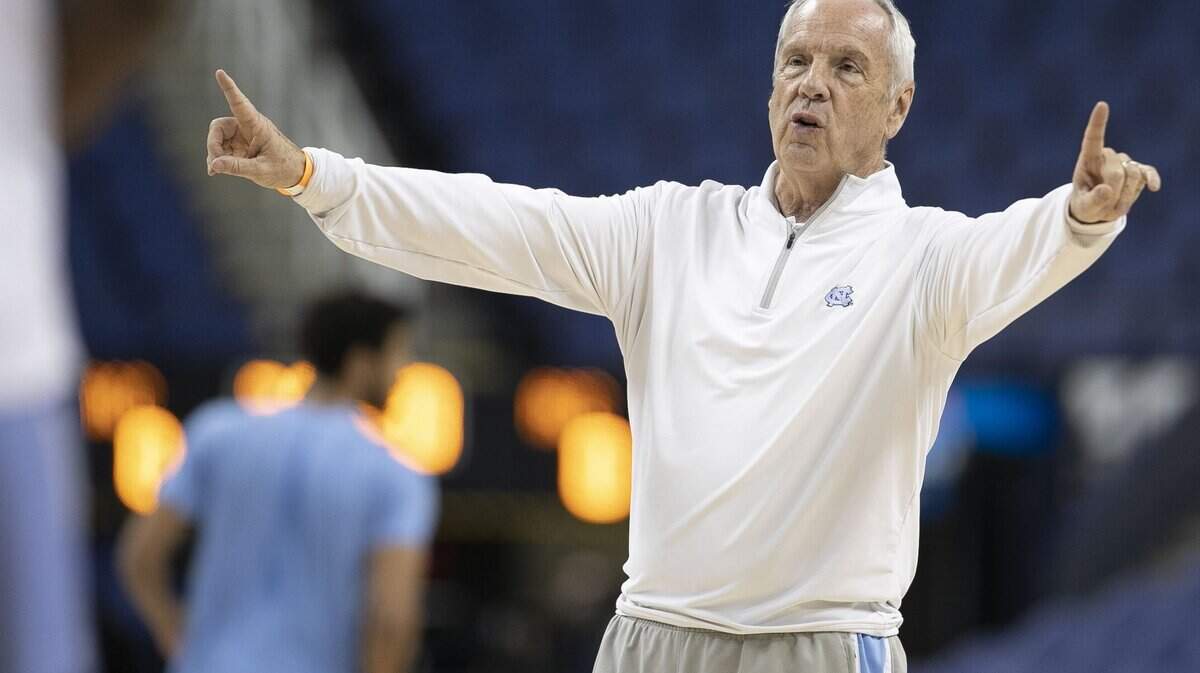 North Carolina coach Roy Williams works with his players during a practice on Monday, March 9, 2020 at the Greensboro Coliseum in Greensboro, N.C., as the Tar Heels prepare for their ACC Tournament first round game