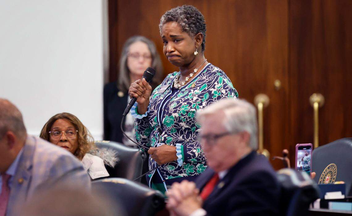 N.C. Senator Val Applewhite speaks against Senate SB 20, the “Care for Women, Children, and Families Act,” during debate at the N.C. Legislature in Raleigh, N.C. Thursday, May 4, 2023.