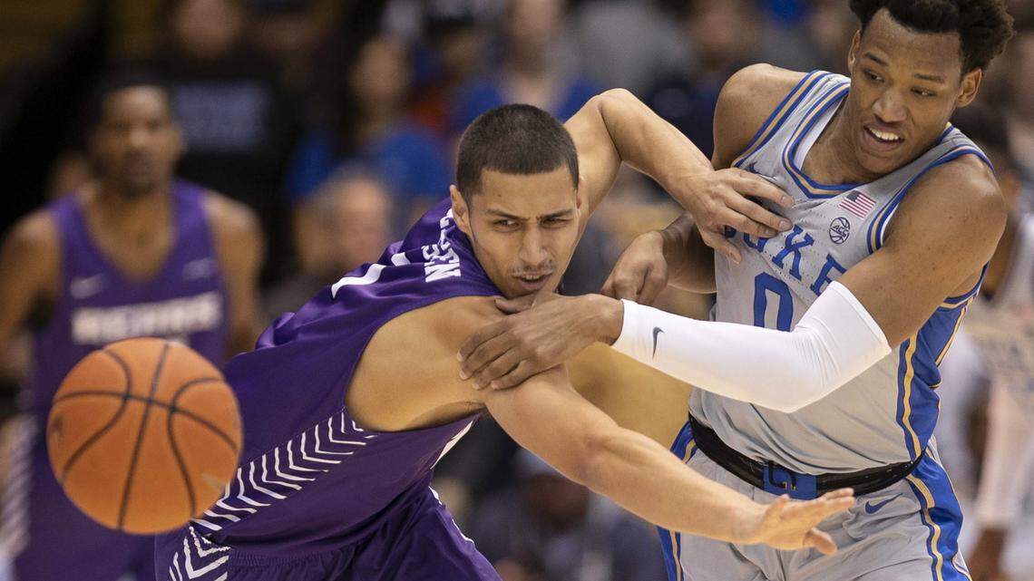 Duke’s Wendell Moore Jr. (0) forces a turnover by Central Arkansas’ Rylan Bergersen (1) during the first half on Tuesday, November 12, 2019 at Cameron Indoor Stadium in Durham, N.C.