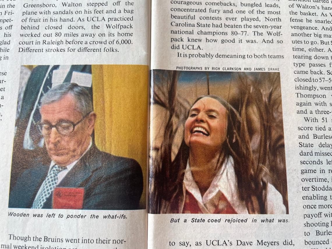NC State basketball cheerleader Angela Crumpler is pictured in a 1974 Sports Illustrated opposite UCLA Coach John Wooden. Crumpler’s avid Wolfpack fandom continues.