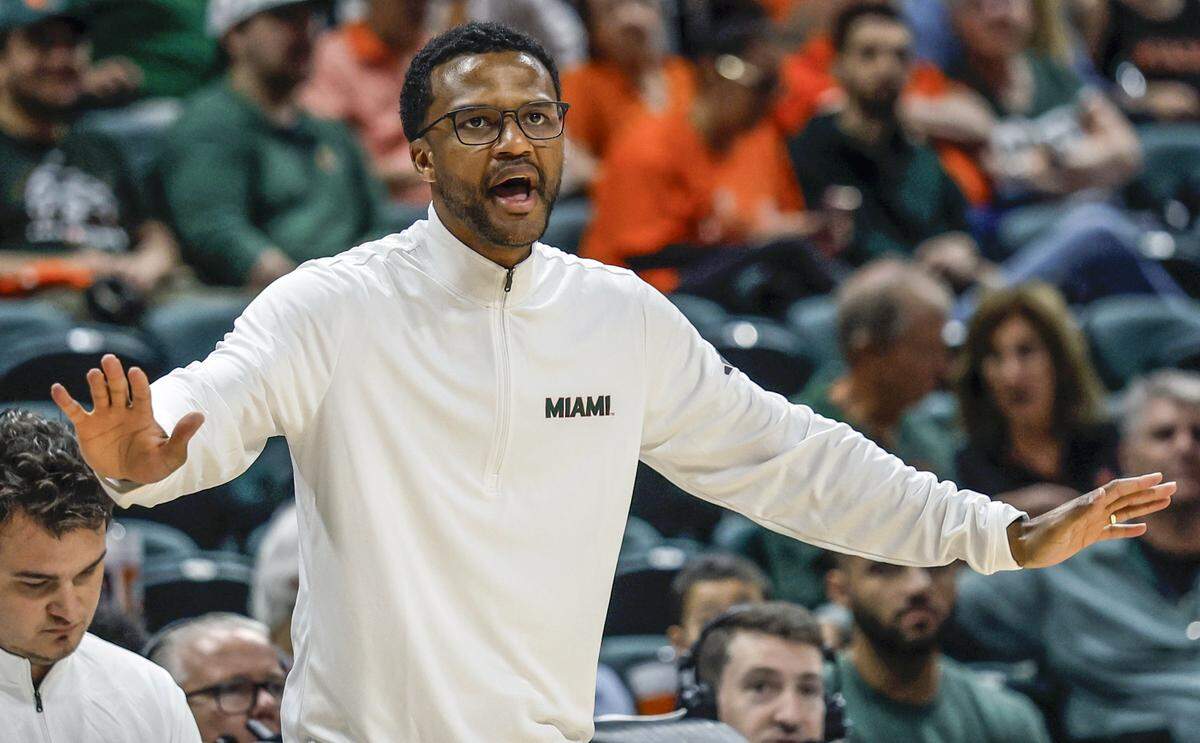 Miami Hurricanes head coach Jai Lucas reacts in the second half during their NCAA basketball game at Watsco Center, against the ULM Warhawks at the University of Miami campus in Coral Gables, Florida on Saturday, December 13, 2025.
