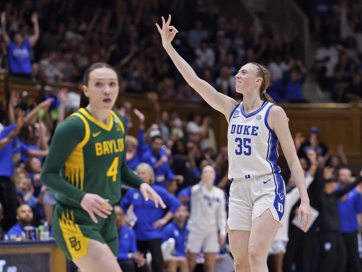 Duke’s Toby Fournier reacts after knocking down a three-point basket during the first half of the Blue Devils’ second-round NCAA Tournament game against Baylor on Sunday, March 22, 2026, at Cameron Indoor Stadium in Durham, N.C.