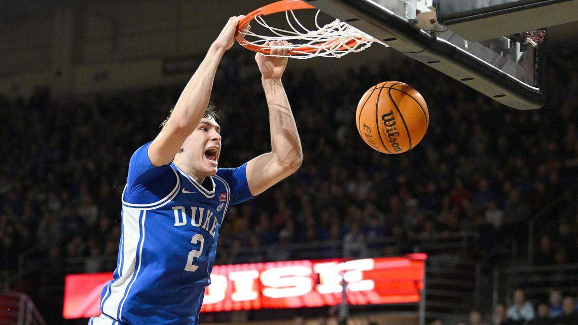 Duke Blue Devils guard Cooper Flagg (2) dunks the ball against the Boston College Eagles during the first half at Conte Forum Sat. Jan. 18, 2025.