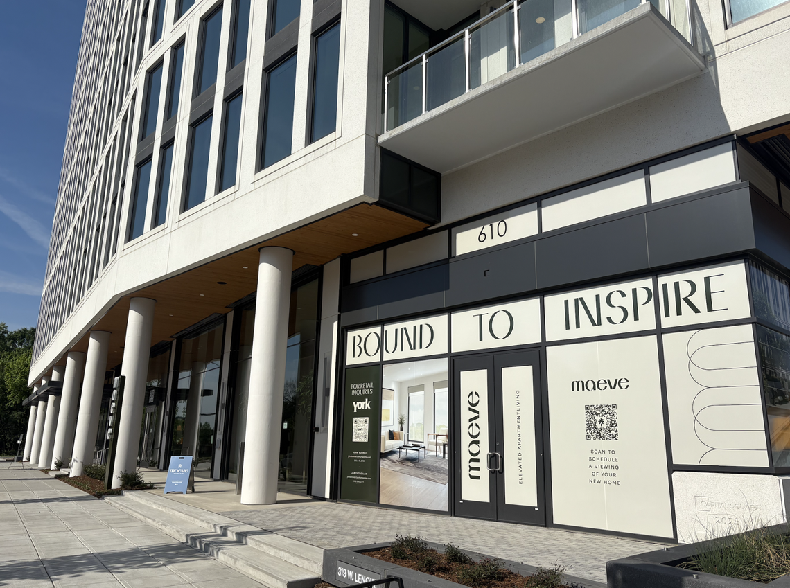 The entrance of Maeve, a new 297-unit mixed-use building at 319 W. Lenoir St. in raleigh’s Warehouse District.