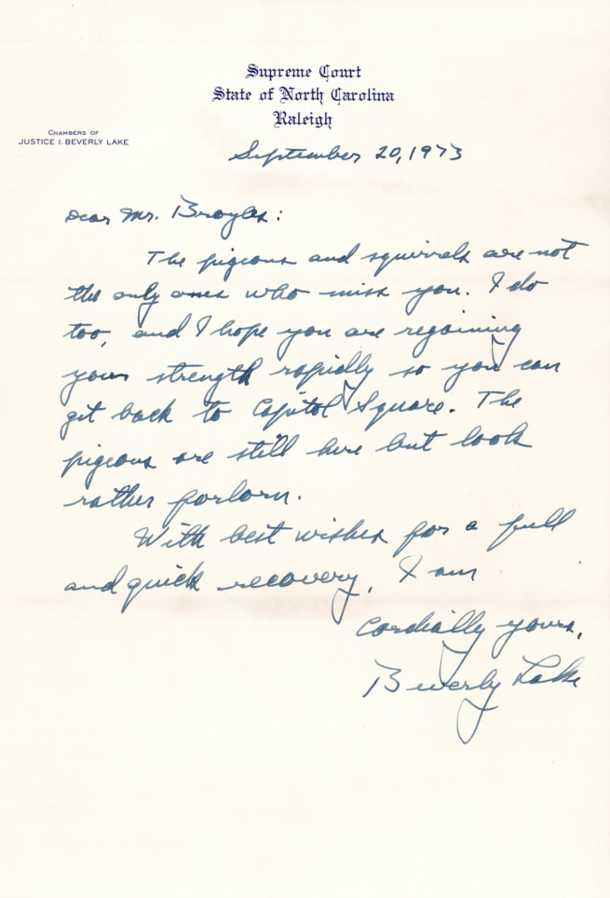 NC Supreme Court Justice I. Beverly Lake wrote to Jesse Broyles, “The Peanut Man,” in 1973, wishing him a recovery from an illness.