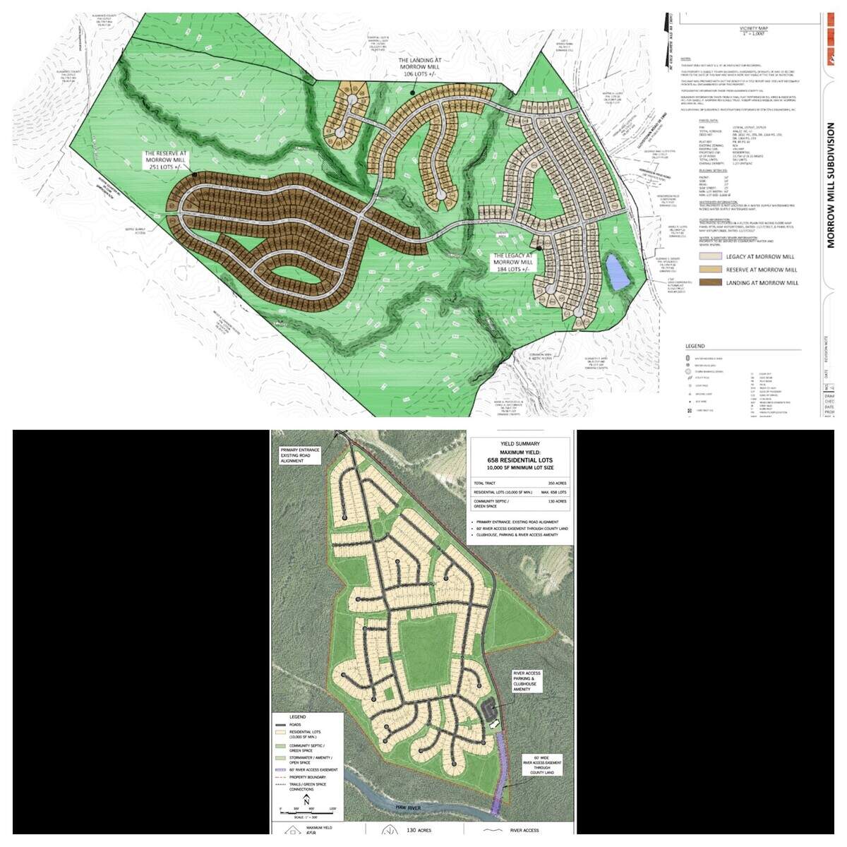 Sasser Properties is seeking to build 541 homes on 440 acres off Morrow Mill Road (top photo), while Alpha Real Estate Partners is planning 450 to 650 homes at Hunter’s Ridge on Austin Quarter Road (bottom).