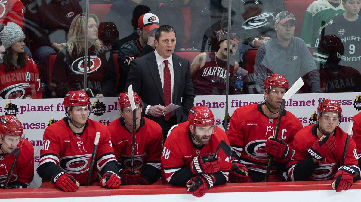Carolina Hurricanes coach Rod Brind’Amour, during the Hurricanes’ game against Anaheim on Sunday, January 12, 2025 at Lenovo Center in Raleigh, N.C.