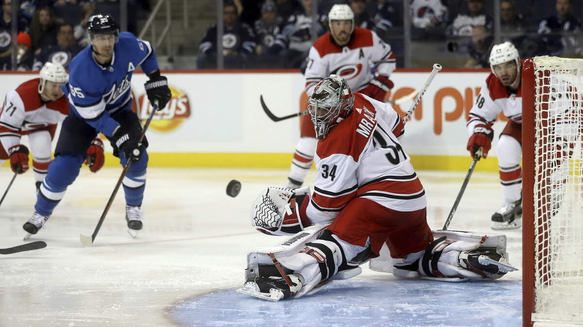 Carolina Hurricanes goaltender Petr Mrazek (34) watches the puck after stopping a shot by Winnipeg Jets’ Mark Scheifele (55) during second period NHL hockey action in Winnipeg, Manitoba, Sunday, Oct. 14, 2018.
